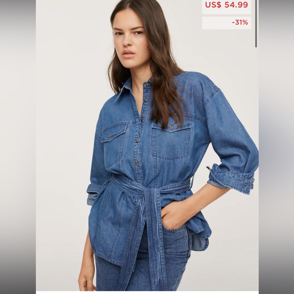 Mango Denim Shirt jacket with waist belt
